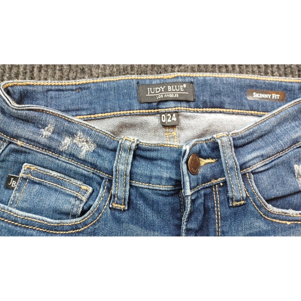 Judy Blue Womens Distressed Skinny Jeans Frayed Hem Medium Wash Size O